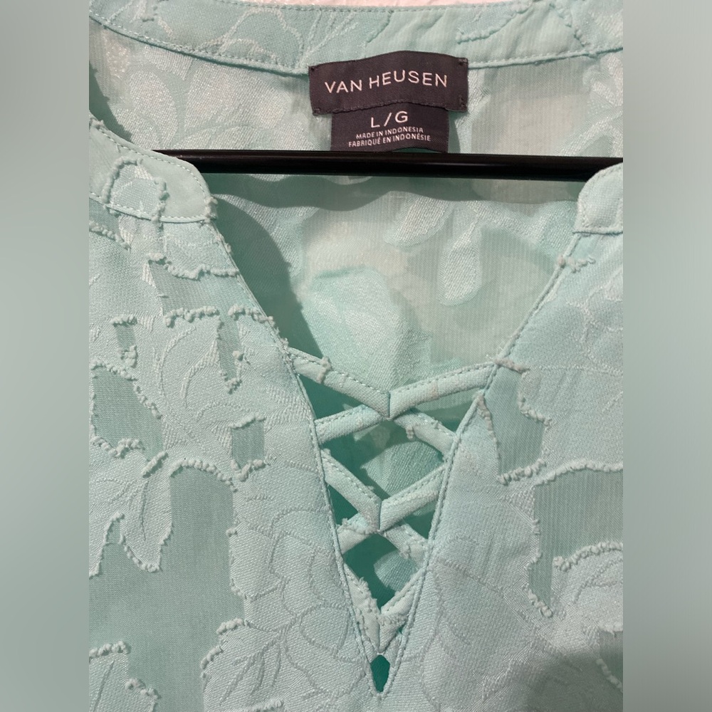 Van Heusen Mint Floral Lace-Overlay V-Neck blouse. - Picture 2 of 5